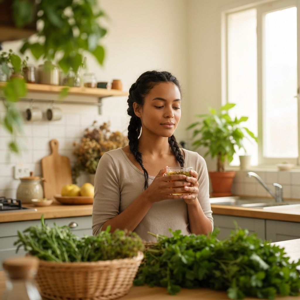 Peaceful moment with herbal tea in calm kitchen environment