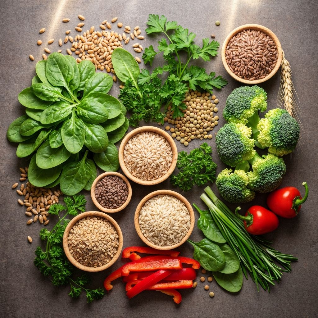 Wholesome natural foods including vegetables, grains, and herbs