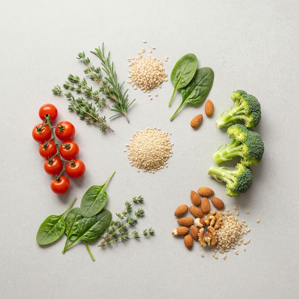 Elegantly arranged fresh ingredients on light surface