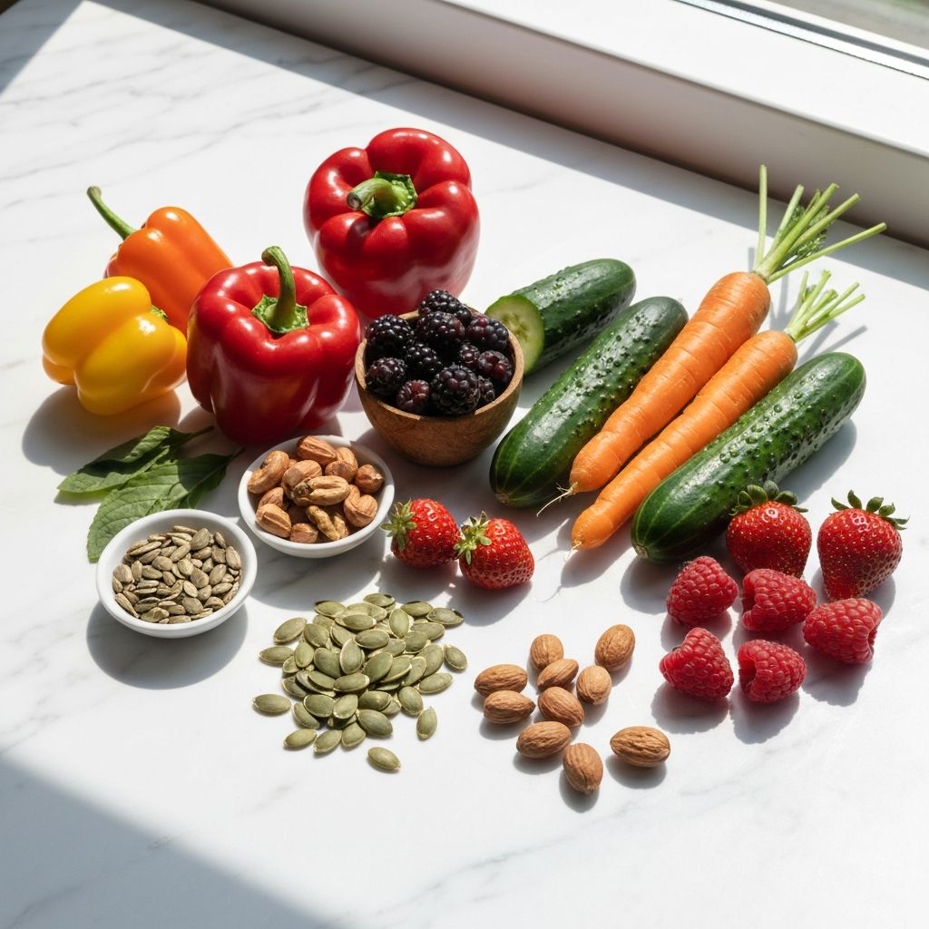 Variety of natural foods including colorful vegetables, berries, nuts and seeds